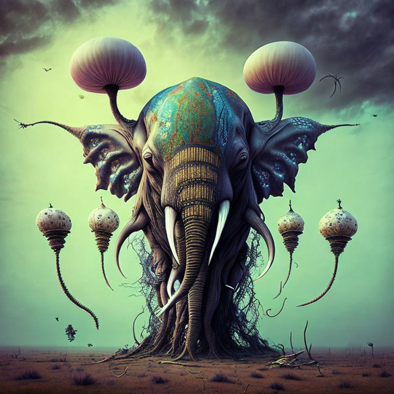 Surreal artwork: Elephant with tree-like tusks and mushroom-shaped balloons in imaginary landscape