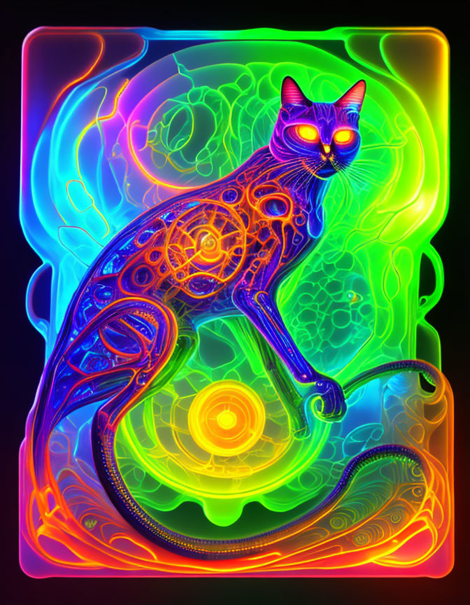 Colorful Psychedelic Cat Illustration with Neon Patterns