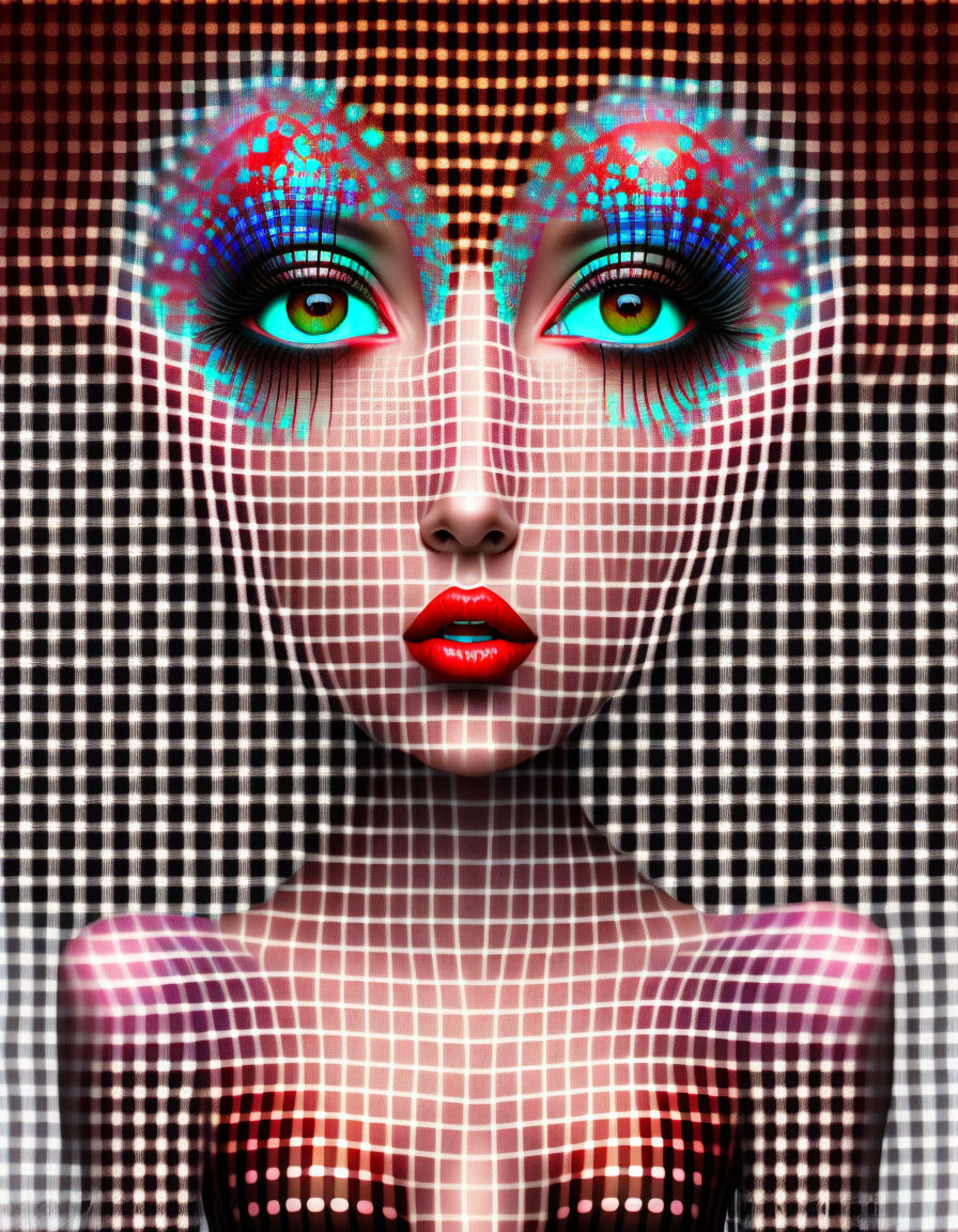 Stylized female face digital art with teal and pink makeup, green eyes, red lips