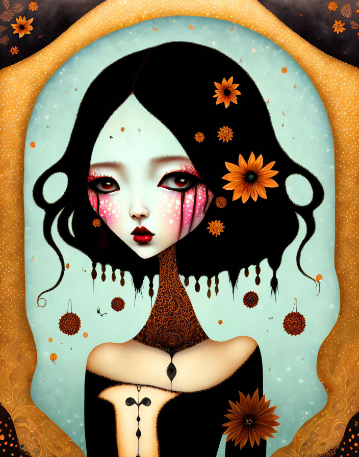 Stylized female portrait with black hair and floral motifs