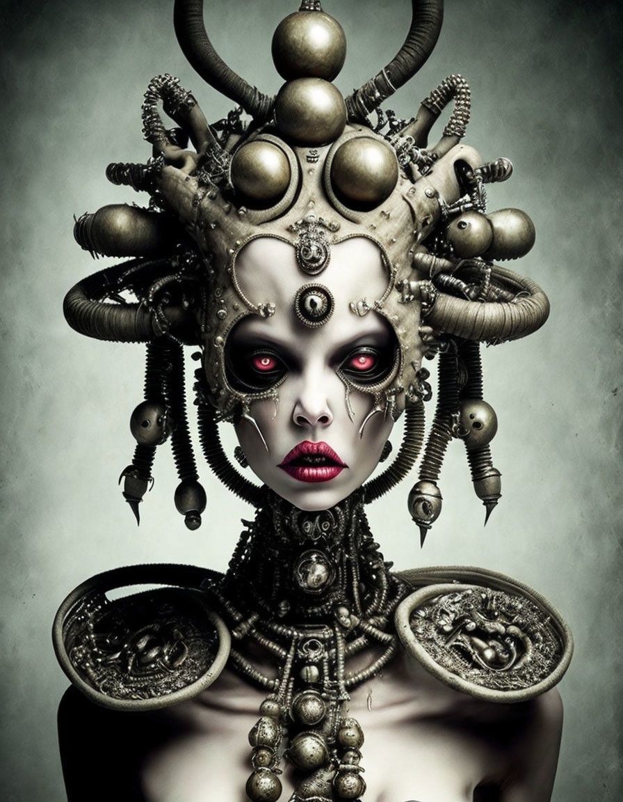 Dark avant-garde headdress with spheres and mechanical elements on monochromatic backdrop