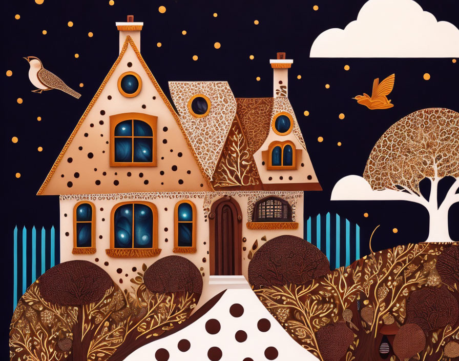 Whimsical cookie-like house illustration with round windows and stylized trees