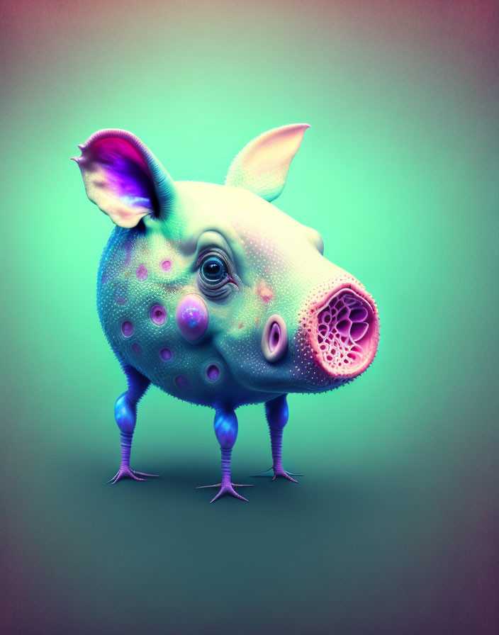 Colorful surreal creature with pig features and multiple eyes on gradient background