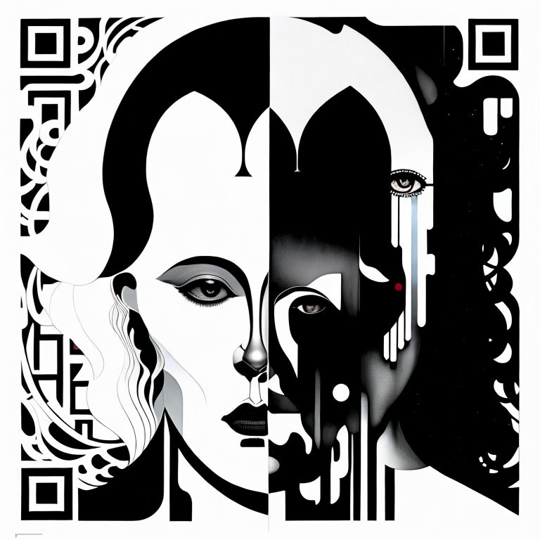 Abstract Black and White Art: Woman's Face with Geometric Patterns and Contrasting Halves