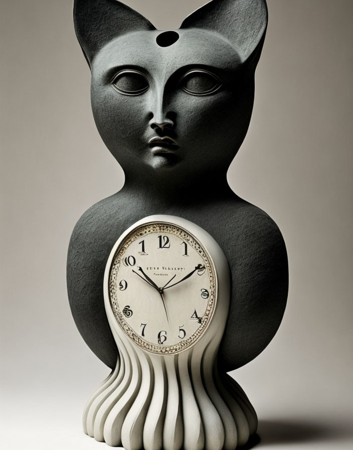 Surreal black cat sculpture clock with Roman numerals