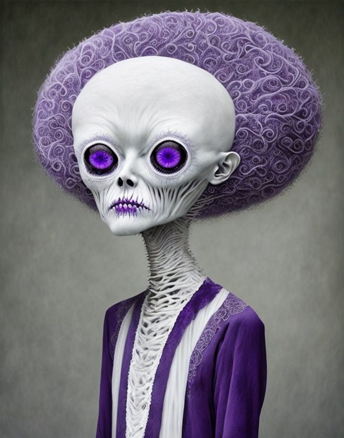 Alien with Large Purple Brain-like Head in Victorian Outfit