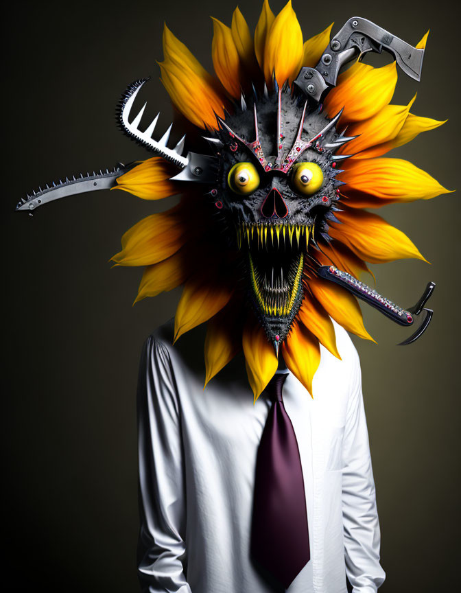 Person with sunflower head, mechanical parts, sharp teeth, and glowing eyes