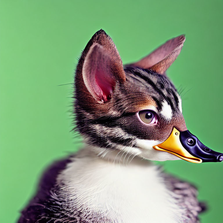 Cat and Duck Hybrid Image with Feline Head and Duck Beak