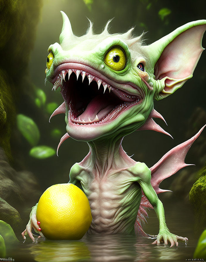 Green Cartoon Dragon Holding Lemon in Forest Scene