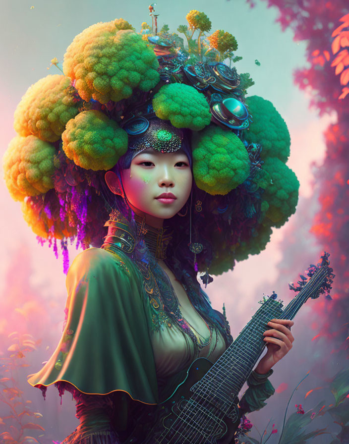 Surreal woman with tree-like headdress and guitar on colorful floral backdrop