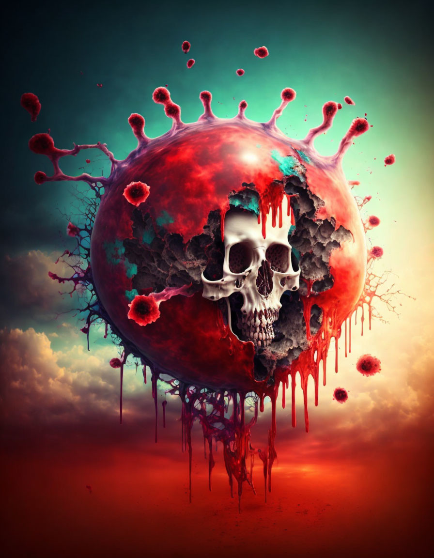 Skull merging with virus shape in surreal red and blue sky