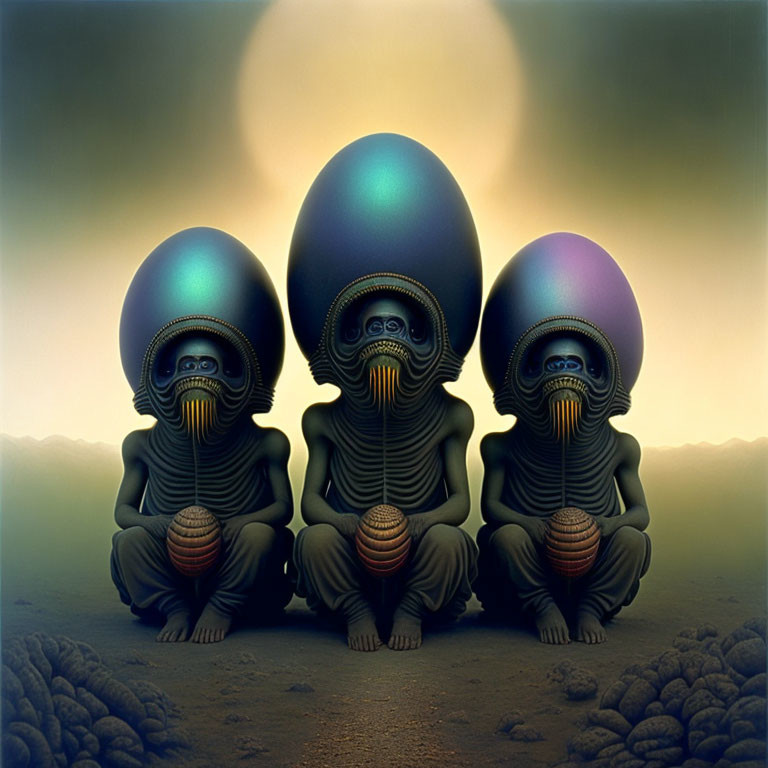 Surreal humanoid figures with elongated skulls in desert scene