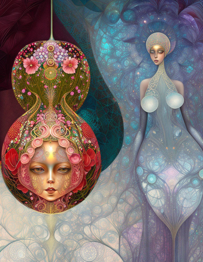 Digital artwork of stylized woman with ethereal aura and surreal floral matryoshka ornament