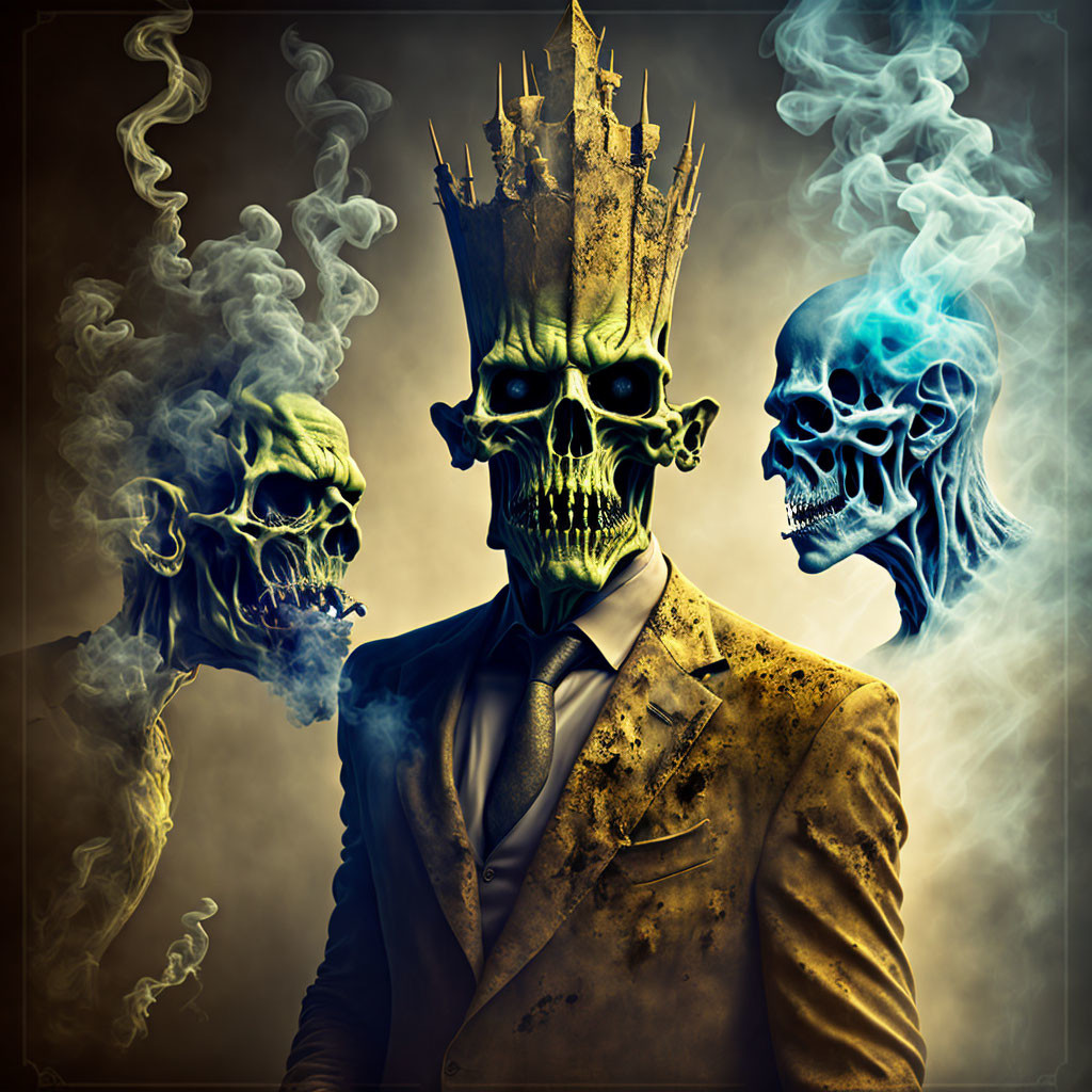 Skull-headed figure in suit with crown, surrounded by blue and white smoky skulls