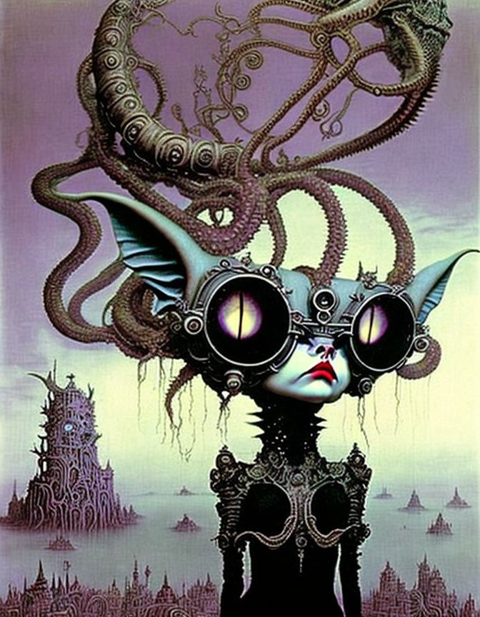 Surreal Artwork: Figure with Large Goggles and Tentacle-like Hair