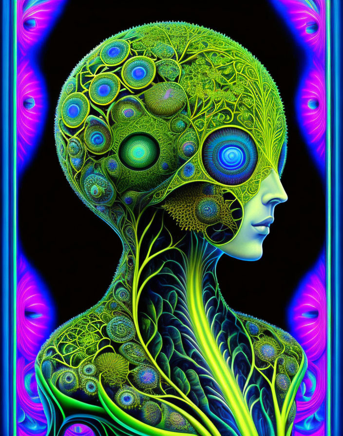 Colorful digital artwork features human-like figure with psychedelic patterns and peacock feather motifs.