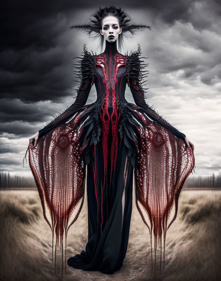 Woman in dramatic black and red gothic costume in desolate field with dark clouds