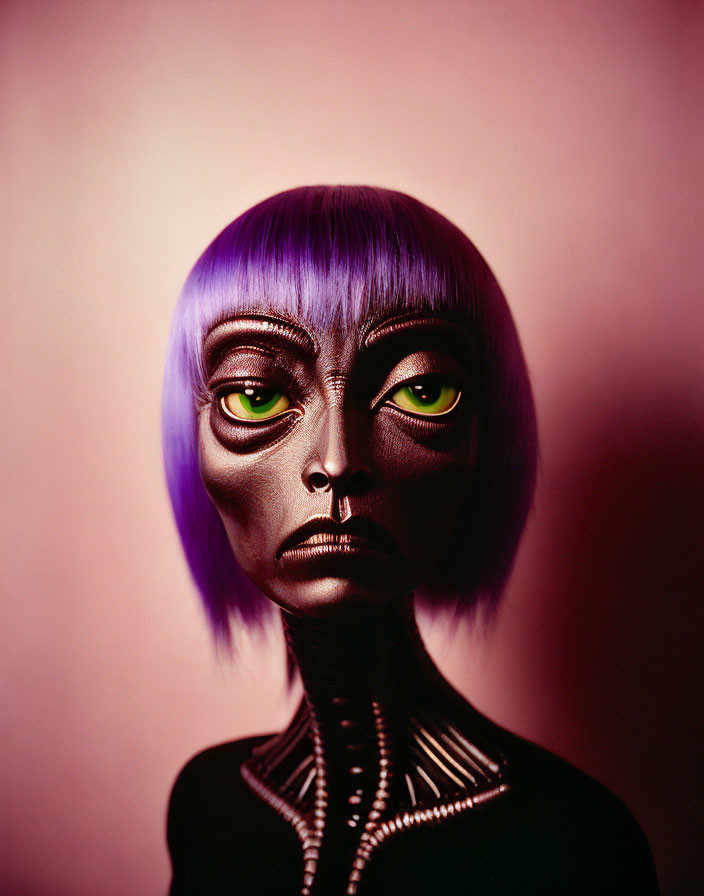 Surreal portrait with large yellow eyes and purple hair