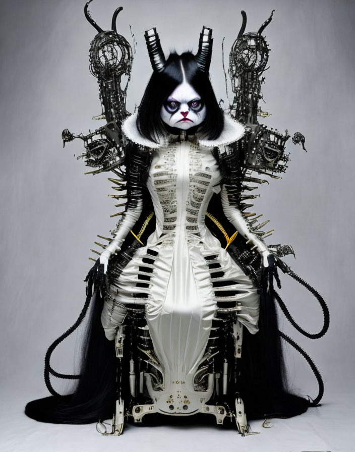 Elaborate Gothic-themed outfit with skeletal design on a throne chair