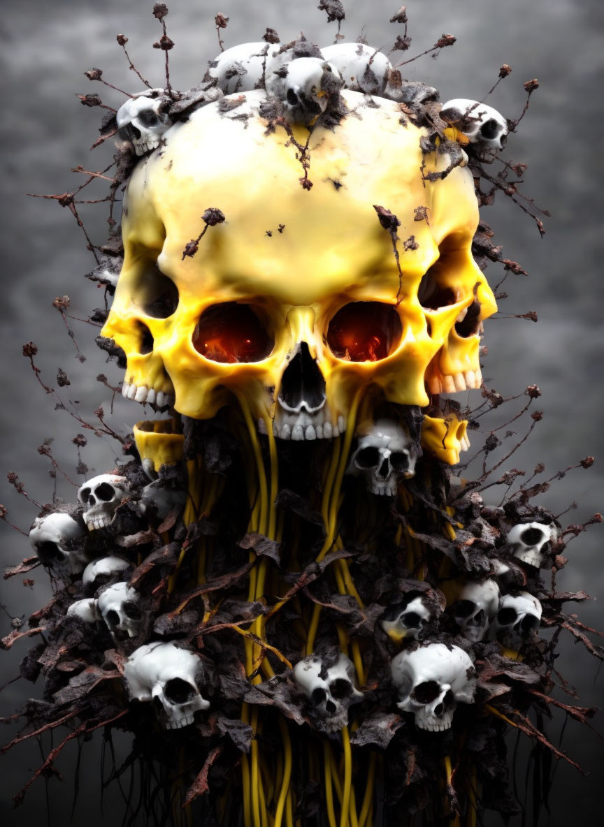 Glowing-eyed skull surrounded by small skulls, branches, and bees on murky background