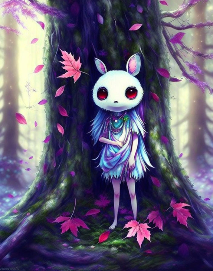 Illustration: Whimsical creature with red eyes in purple forest