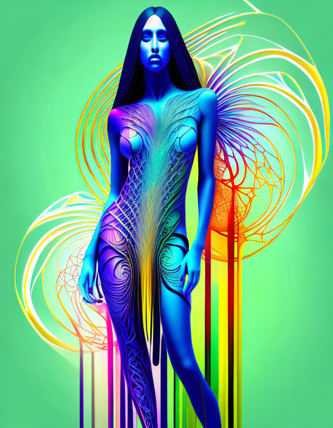 Vibrant digital artwork: stylized female figure with intricate patterns on green background