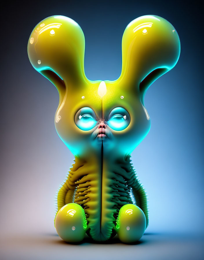 Surreal rabbit-like creature with split symmetrical design in yellow and green colors