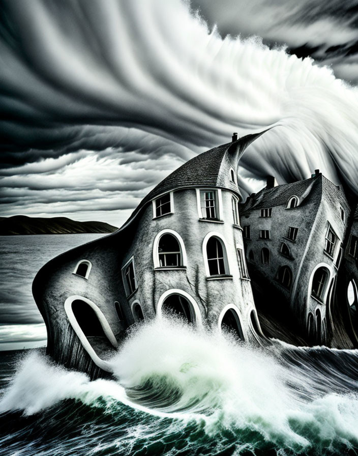 Surreal warped shoe-shaped buildings in turbulent sea under dramatic sky