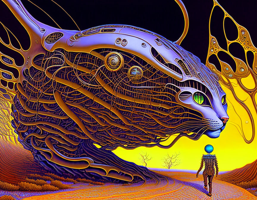 Surreal artwork: person meets intricate cat creature in desert