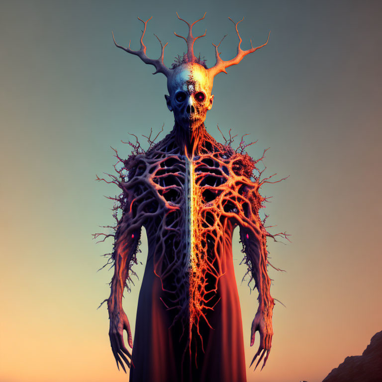 Skeletal creature with antler-like branches in intricate network, dusk sky