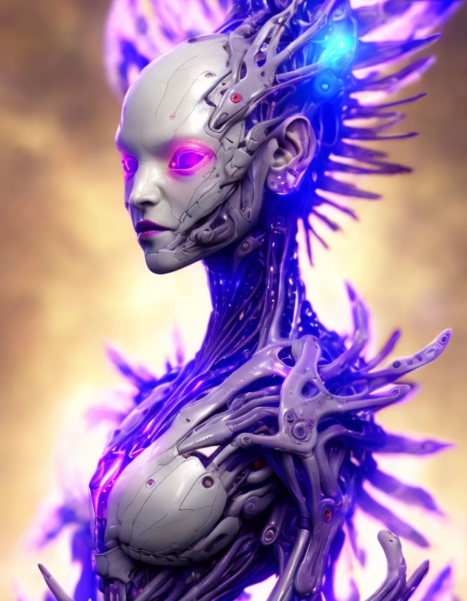 Futuristic humanoid robot with cybernetic details and glowing blue eyes