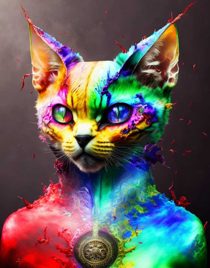 Colorful Cat Artwork with Green Eyes and Pointed Ears on Dark Background