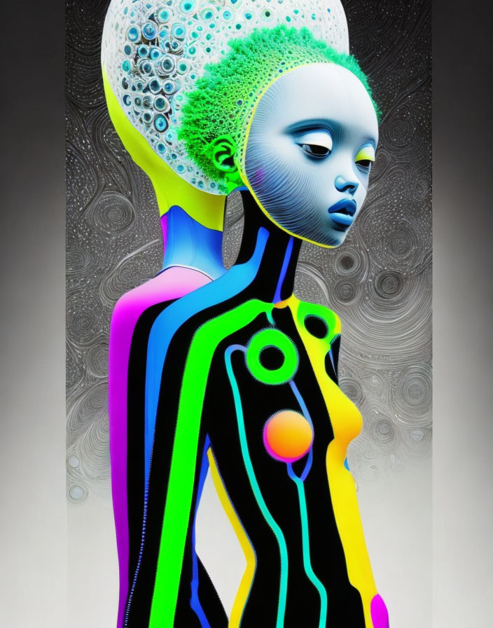 Vibrant digital artwork: stylized humanoid with colorful patterned skin & neon outlines