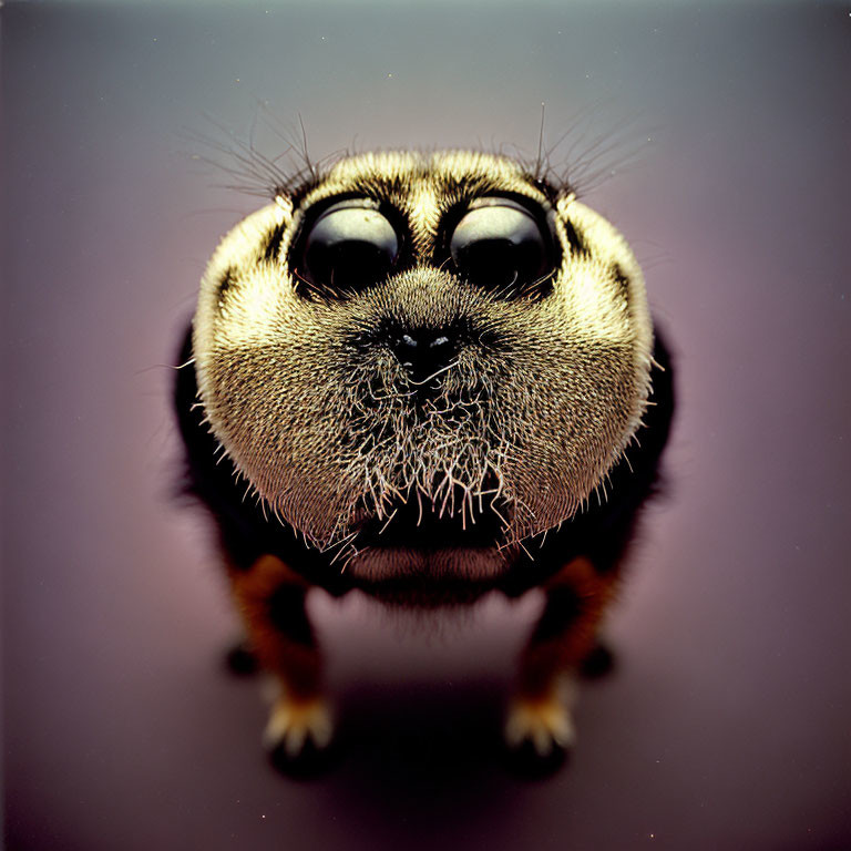 Detailed close-up of bee's head with compound eyes and fine hair on soft background.