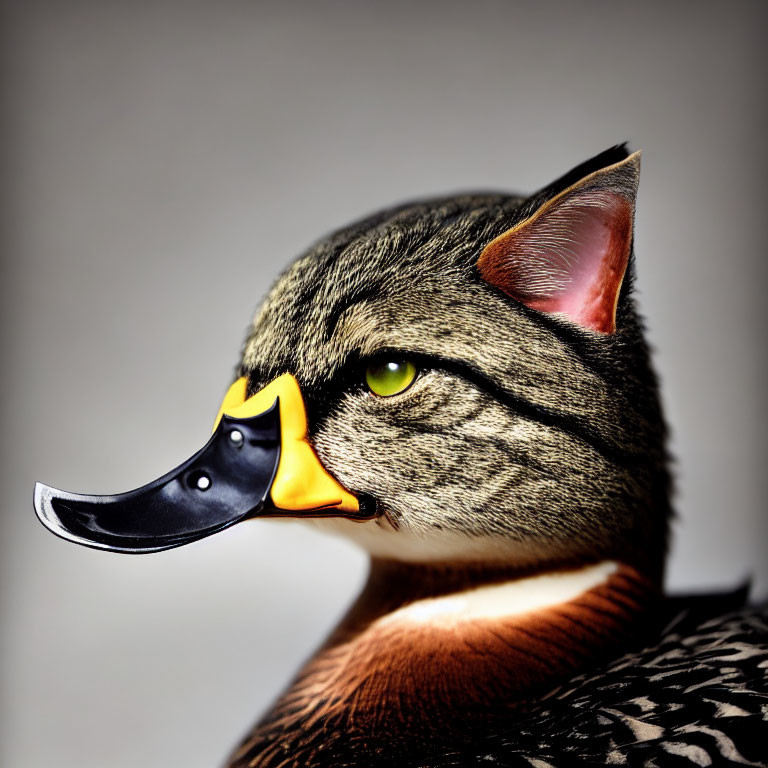 Surreal animal hybrid: Cat face, duck body, feather pattern