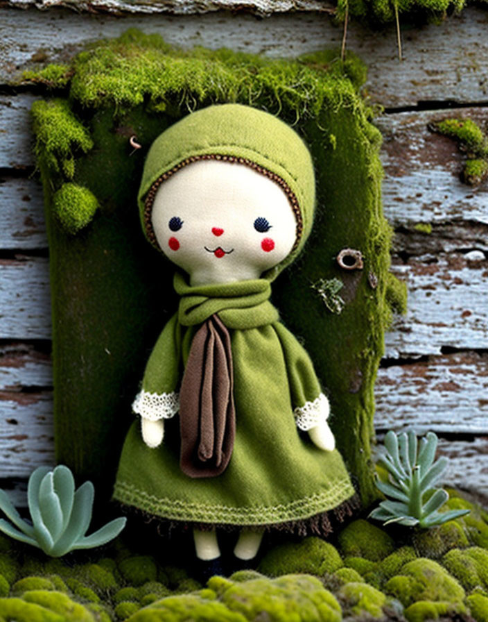 Green dress and scarf handmade doll on mossy wood backdrop