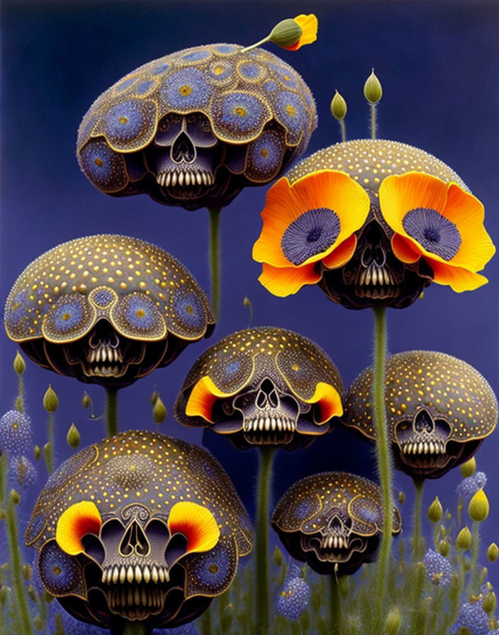 Surreal artwork of skull-faced mushrooms in dark setting with orange flowers