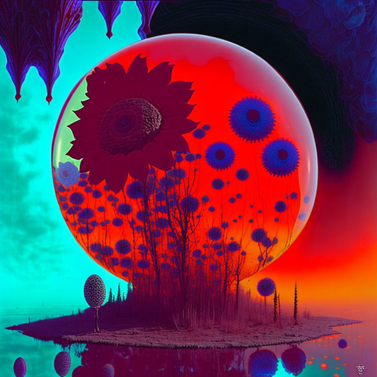 Surreal landscape with large red moon and blue flowers on reflective water