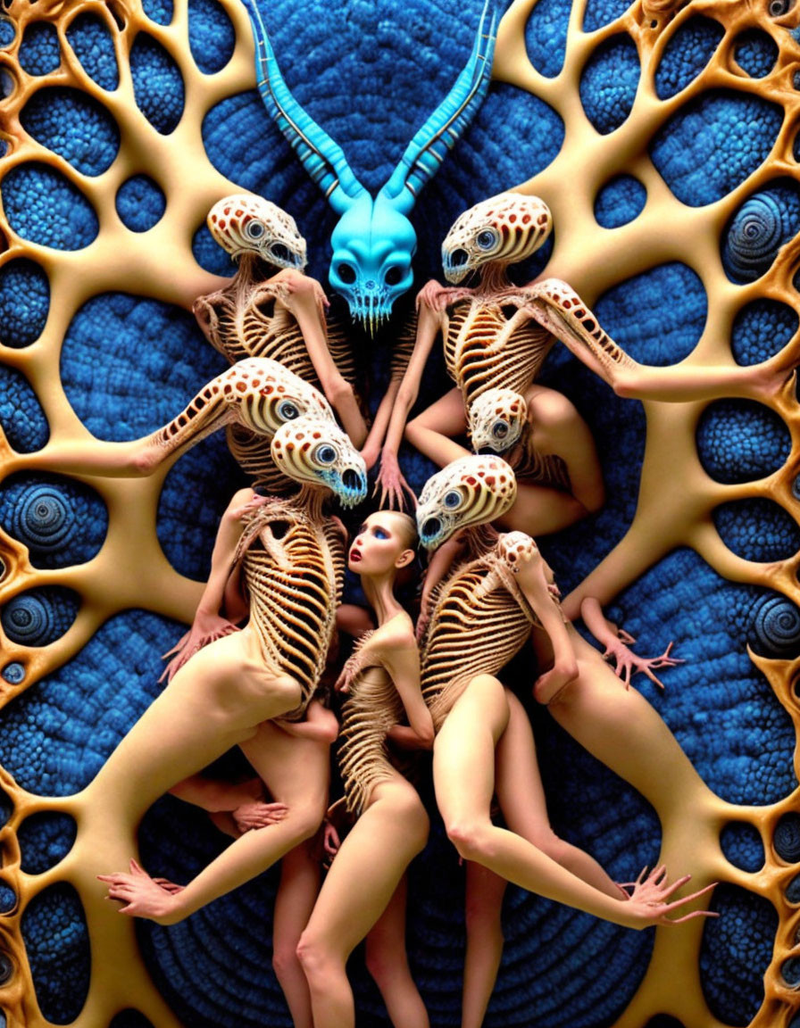 Surreal Artwork with Blue-Skulled Figure and Symmetrical Humanoid Forms