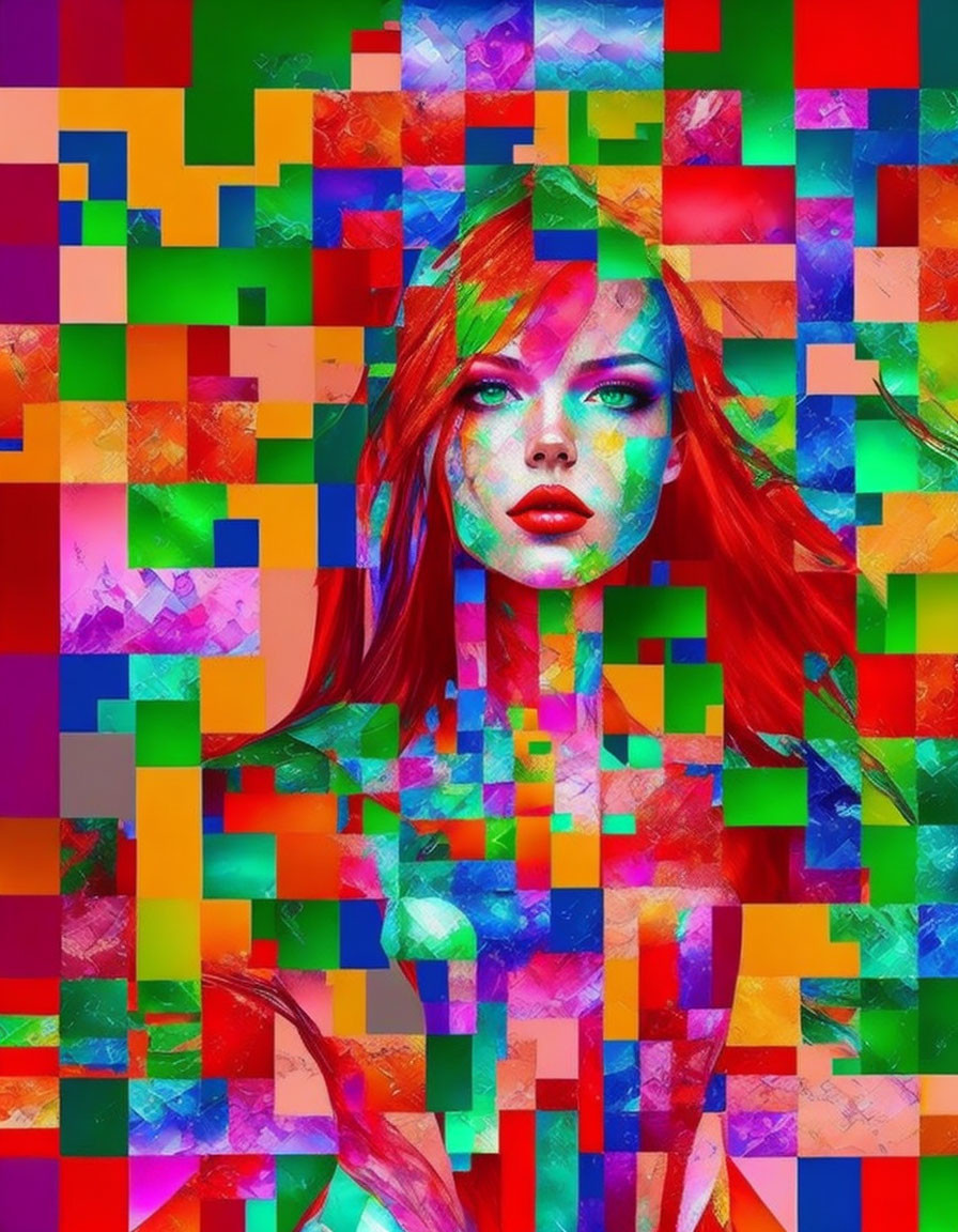 Colorful digital artwork: Woman with red hair and green face paint in abstract geometric design