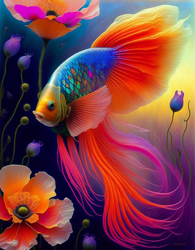 Colorful Goldfish Artwork Among Purple and Orange Flowers