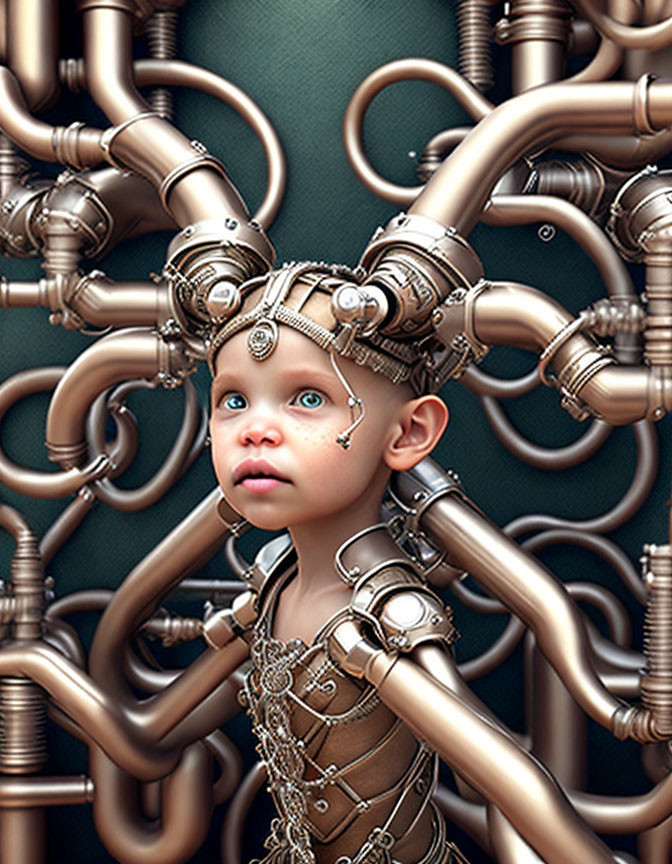 Child in steampunk helmet with pipes backdrop