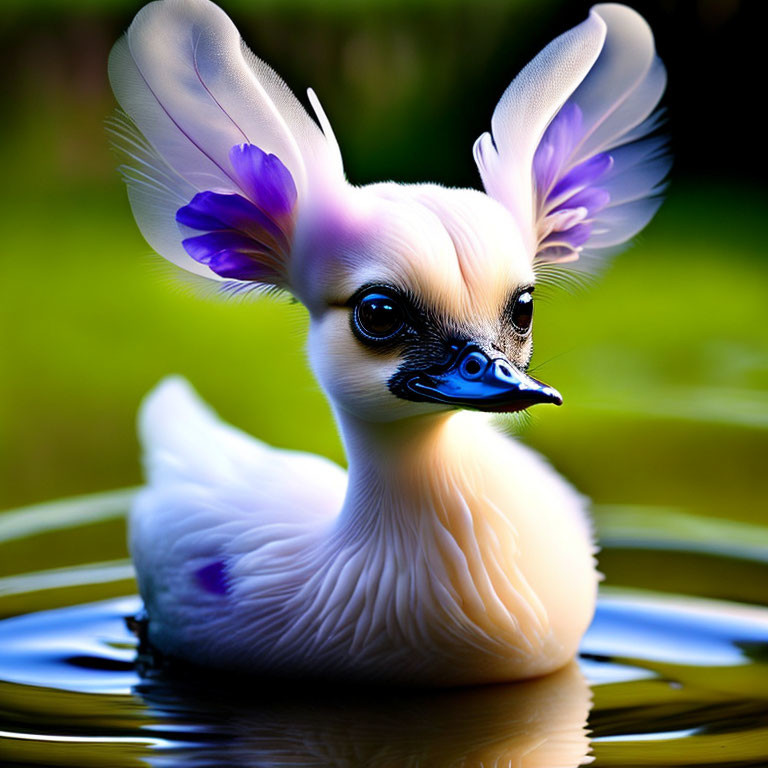 Duck-bodied creature with expressive eyes and purple feathers in tranquil water