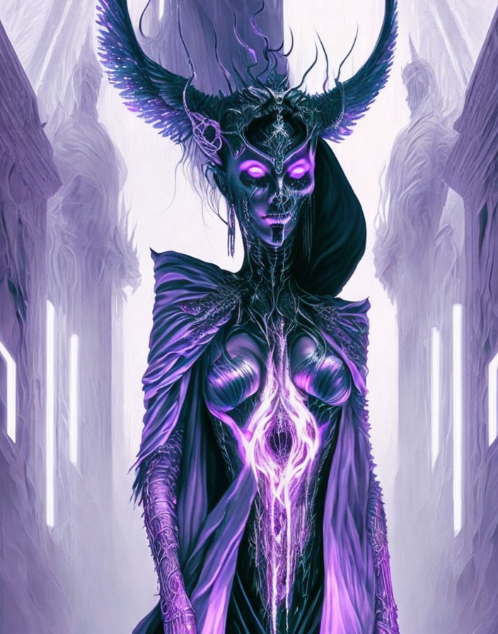 Fantasy artwork: Female figure with glowing purple eyes, dark skin, large horns, elaborate armor in