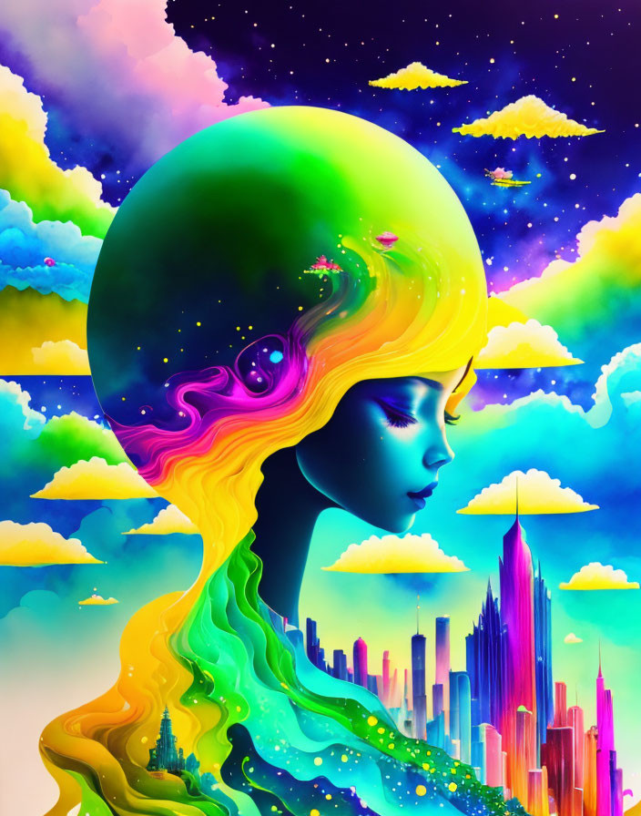 Colorful surreal artwork: Woman's profile with glowing globe head, hair flowing into cityscape against cosmic