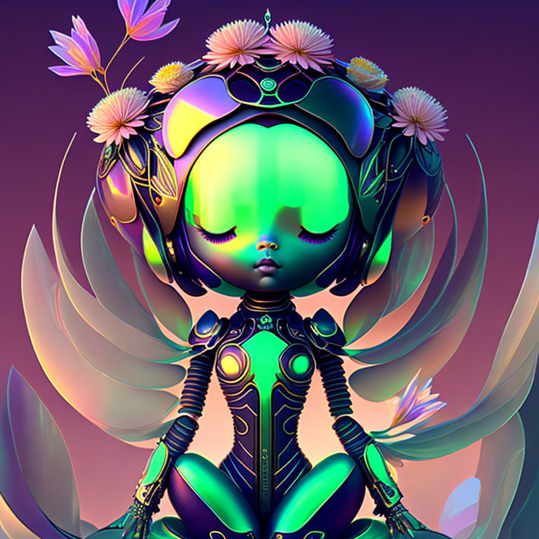 Futuristic female android with green head and biomechanical suit