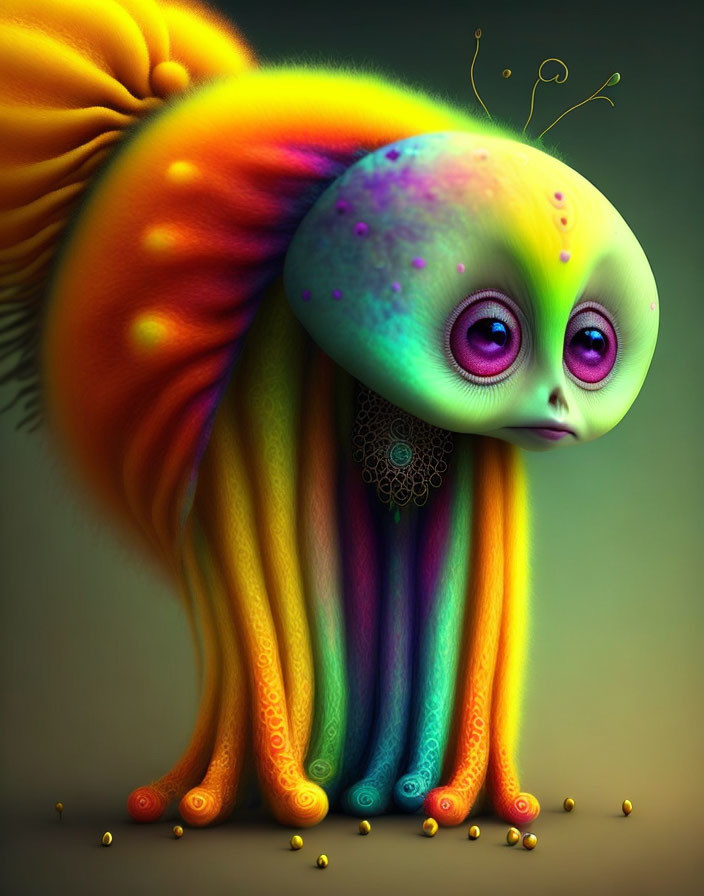 Colorful whimsical creature with large eyes and rainbow-hued body