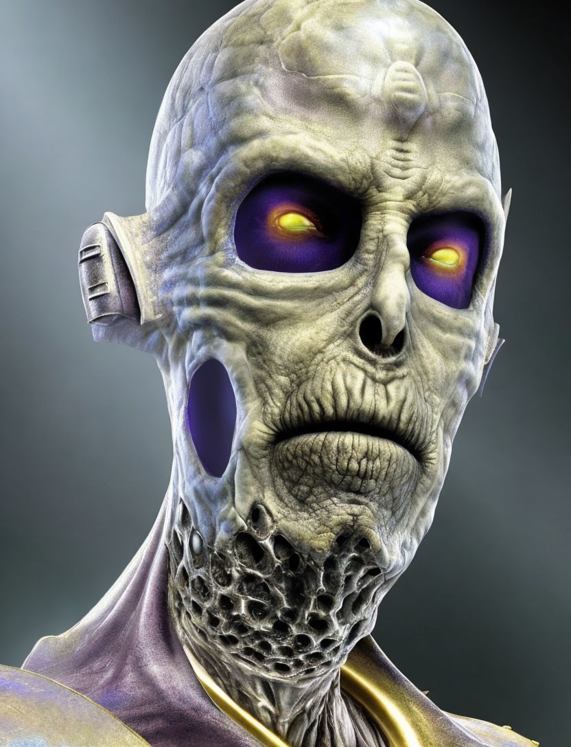 Menacing alien with purple eyes, grey skin, head ridges, and cybernetic ear.