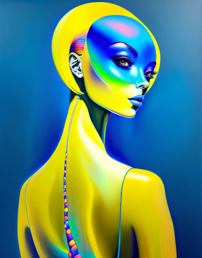 Colorful digital artwork: Woman with blue skin, yellow hat, surreal appearance