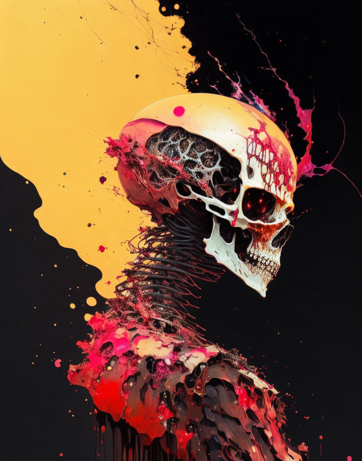 Colorful Human Skull and Spine Artwork on Black Background